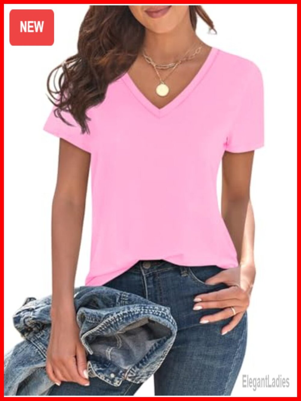 Womens V Neck Short Sleeve T-Shirt Loose Fit Tunic Top